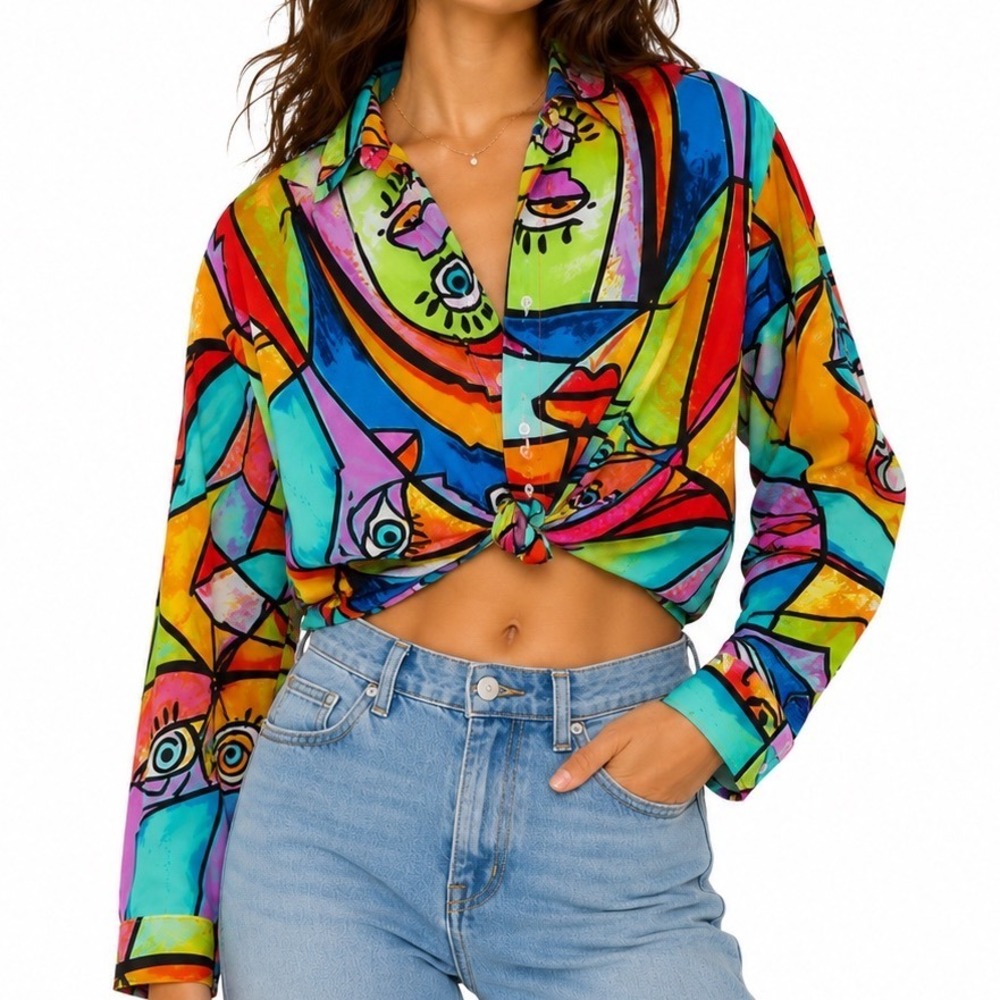 Live 4 Truth Abstract Face Print Cropped Twist Front Button‎ Down Shirt Medium